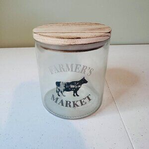 Rustic Farmers Market Glass Canister Wooden Lid & Cow Print Farmhouse Kitchen